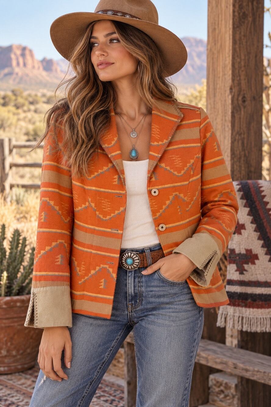 Coldwater Creek Southwestern Desert Boho Aztec Blanket Blazer Jacket 14